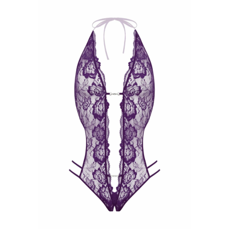 Renee Lace Thong Bodysuit Purple - Elegant Open Design, Rhinestone Detail S/M