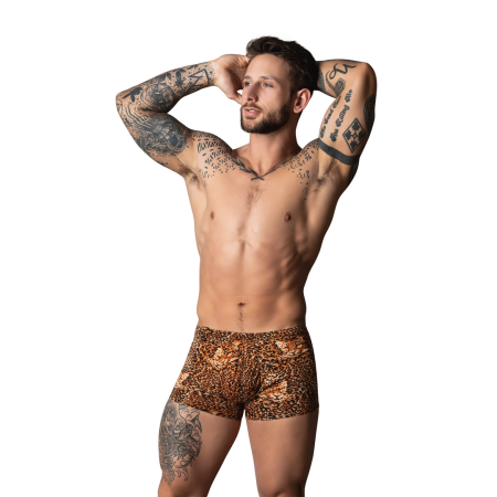 Male Power Pouch Short & Black Silicone Ring Set - Brown Leopard, M