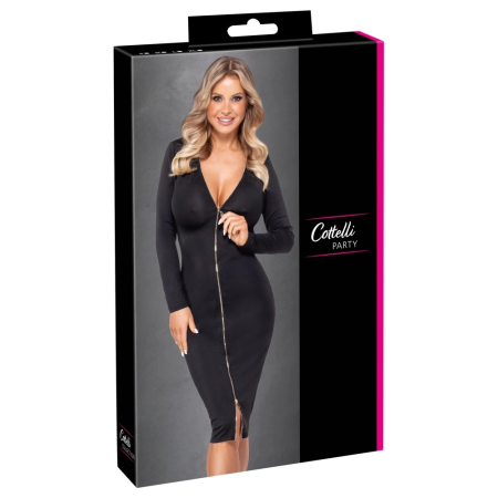 Cottelli PARTY Black Zip-Front Bodycon Dress, Long Sleeve, Size S