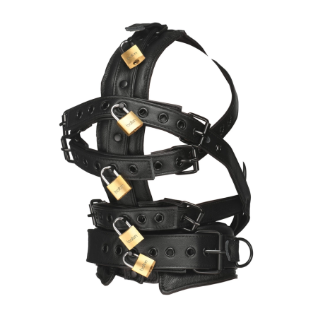 Strict Leather Adjustable Vegan Head Harness with Muzzle - Black, Lockable