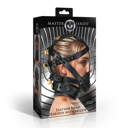 Master Series Leather Head Gear with Adjustable Muzzle - Black, Universal Fit