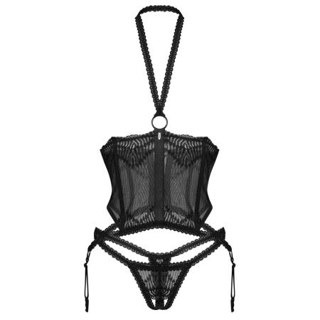 Obsessive Alliane Transparent Basque Set L/XL with Halterneck Black