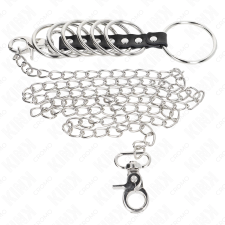 KINK Metal & Leather Ring System 7-Piece with 100cm Chain, Silver-Black