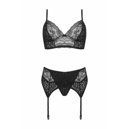 Vibrant Sanne 3-Piece Lingerie Set - Black Leopard Print & Lace, Adjustable Fit