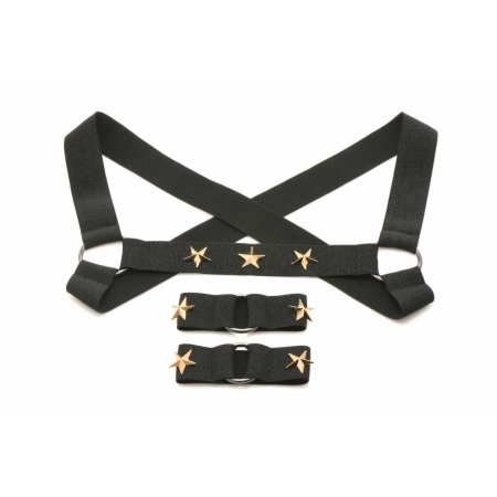 XR Brands Chest Harness & Armbands Black Stretch Adjustable Set