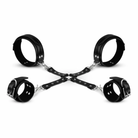 Bedroom Fantasies Cuffs & Hogtie Set Black - Adjustable PU Leather System