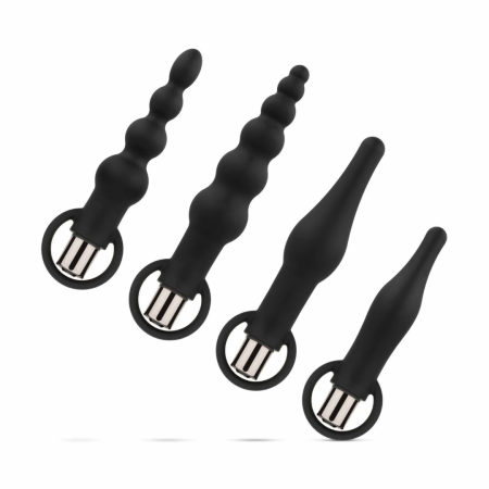 EasyToys Silicone Anal Plug Set with Vibrating Bullet - Black, 4 Sizes