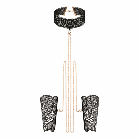 Rosy Gold Lace Cuffs & Collar Set Black - Elegant Gold Chain Detail