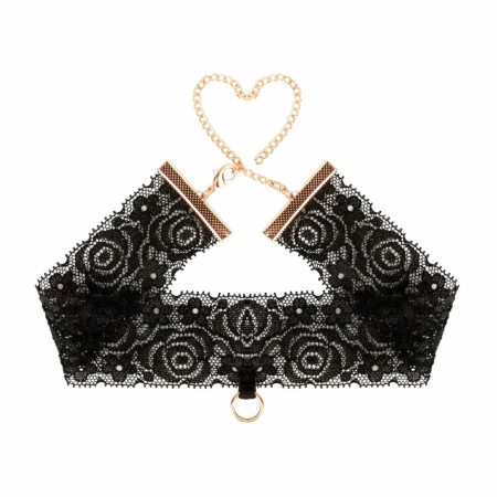 Rosy Gold Lace Cuffs & Collar Set Black - Elegant Gold Chain Detail