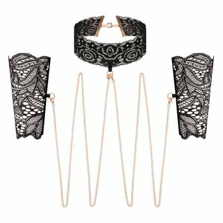 Rosy Gold Lace Cuffs & Collar Set Black - Elegant Gold Chain Detail