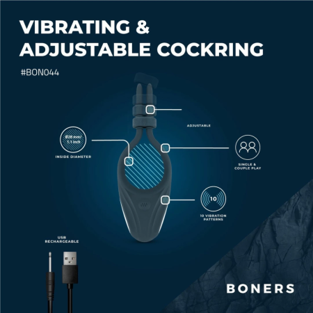 Boners Adjustable Stimulation Ring Blue - Rechargeable, Vibrating, Flexible Fit