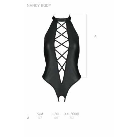 Passion Nancy Bodysuit Black Wetlook with Strap Design, One Size
