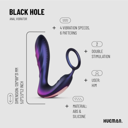 Hueman Black Hole Anal Vibrator & Support Ring, 10 Modes, Silicone