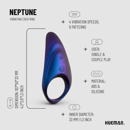 Hueman Neptune Vibrating Intimate Ring with Remote Control, Waterproof