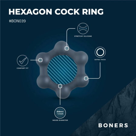Boners Hexagon Silicone Ring with Integrated Steel Elements, Black
