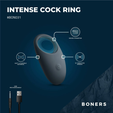 Boners Rechargeable Vibrating Silicone Partner Ring, 10 Modes, Blue