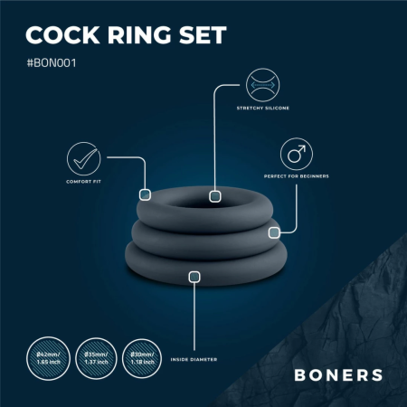 Boners Silicone Ring Set Grey 3 Sizes Flexible Skin-Friendly Material