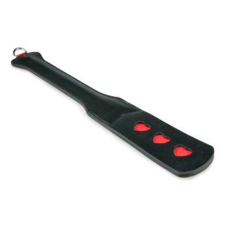 Ouch! Long Leather Paddle Black-Red with Decorative Heart Cut-Outs 32cm