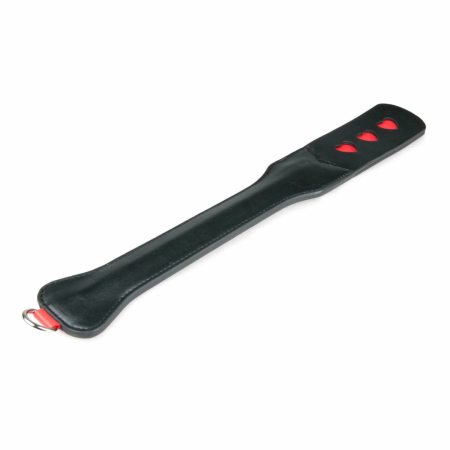 Ouch! Long Leather Paddle Black-Red with Decorative Heart Cut-Outs 32cm