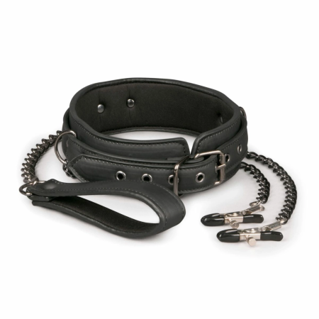 EasyToys Adjustable Faux Leather Collar with Metal Chains, Black