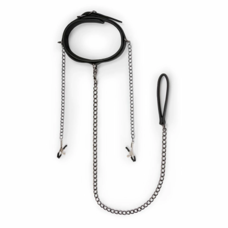 EasyToys Adjustable Faux Leather Collar with Metal Chains, Black