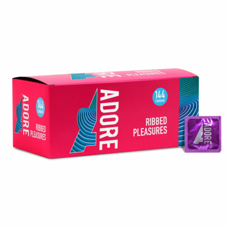 Adore Ribbed Premium Latex Condoms 144 pcs - Transparent, Ribbed Texture, Medium Size