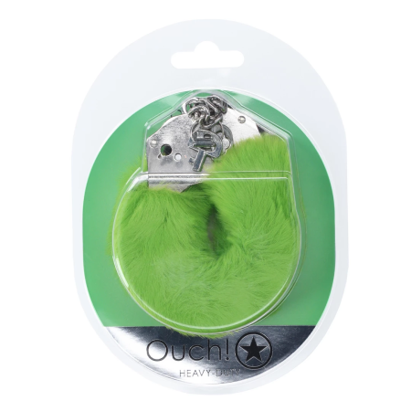 Ouch! Heavy-Duty Fluffy Handcuffs Green - Secure Lock, Soft Lining