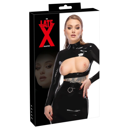 LateX Crop Top XL Black - Natural Latex, Open Front, Long Sleeves