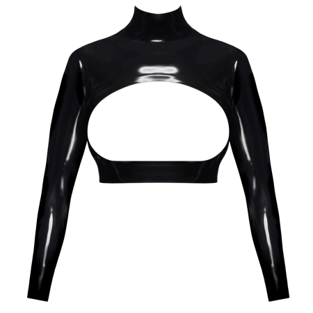 LateX Crop Top XL Black - Natural Latex, Open Front, Long Sleeves