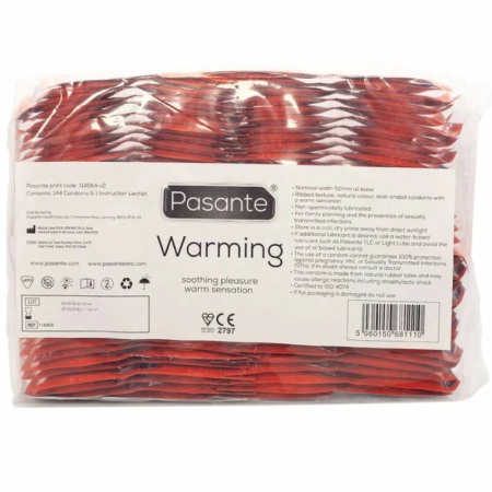 Pasante Calor Warming Effect Latex Condoms 52mm 144-Pack Transparent Ribbed