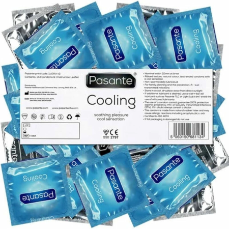 Pasante Cooling Sensation Ribbed Condoms 144-pack - Cooling Lubricant, 52mm