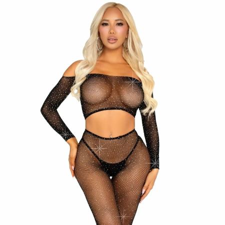 Leg Avenue Crop Top & Fishnet Leggings with Rhinestones Black - Flexible Fit
