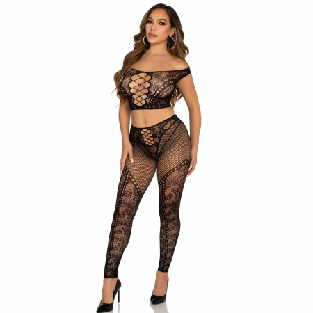 Leg Avenue Off-Shoulder Crop Top & Fishnet Leggings Set Black S/M