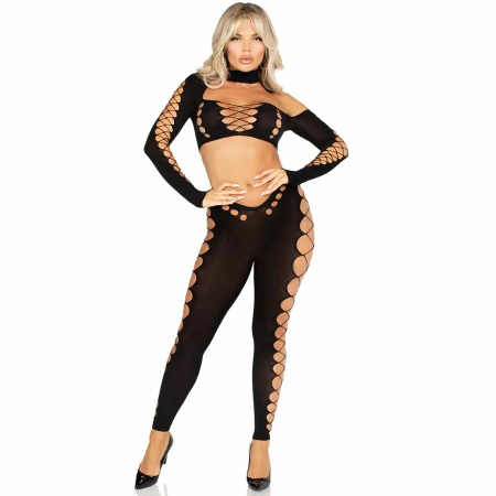 Leg Avenue Seamless Black Crop Top & Leggings Cut-Out Set, One Size