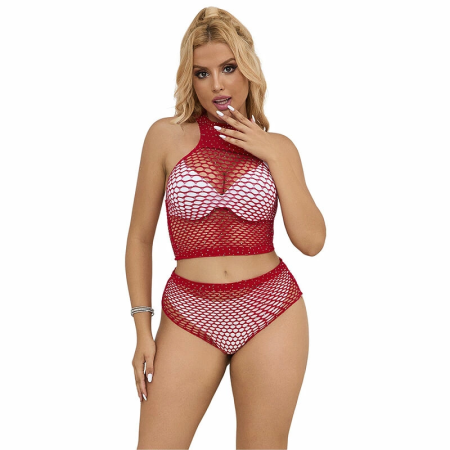 Subblime 952402 Two-Piece Fishnet Set with Pink Rhinestones, One Size