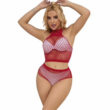 Subblime 952402 Two-Piece Fishnet Set with Pink Rhinestones, One Size