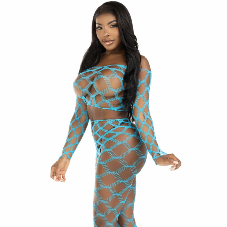 Leg Avenue Set - Blue Fishnet Crop Top & Footless Leggings, One Size