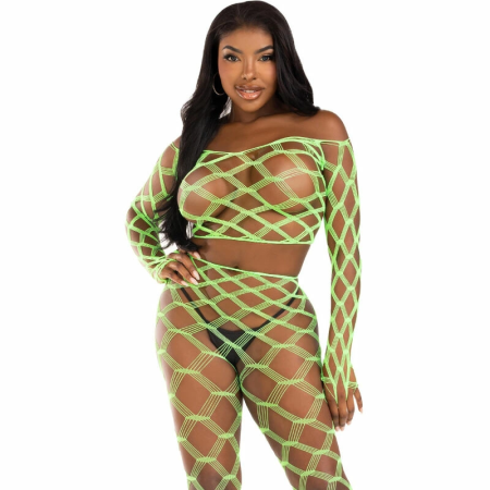 Leg Avenue 2-Piece Fishnet Crop Top & Footless Leggings Set Green One Size