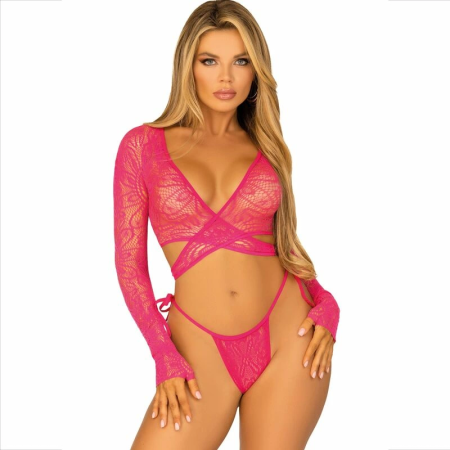 Leg Avenue Lace Crop Top & Adjustable Side-Tie Thong Set Pink One Size