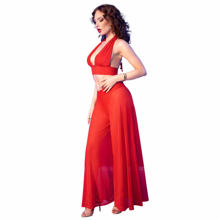 Chilirose CR 4857 Red Sheer Top & Wide-Leg Pants Set Size S