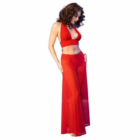 Chilirose CR 4857 Red Sheer Top & Wide-Leg Pants Set Size S