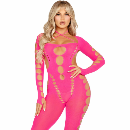 Leg Avenue Pink Open Back Bodystocking One Size - Stretch Mesh Design