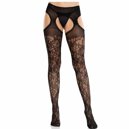 Leg Avenue Floral Lace Garter Stockings Black - Integrated Suspender Design