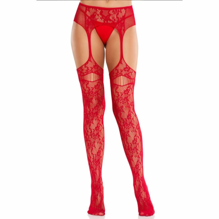 Leg Avenue Lace Fishnet Stockings with Integrated Garters Red, One Size