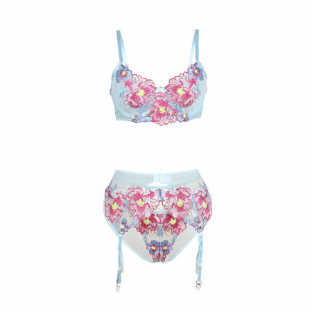 SUBBLIME 957643 Pink Floral Embroidered Bra & Garter Set S/M