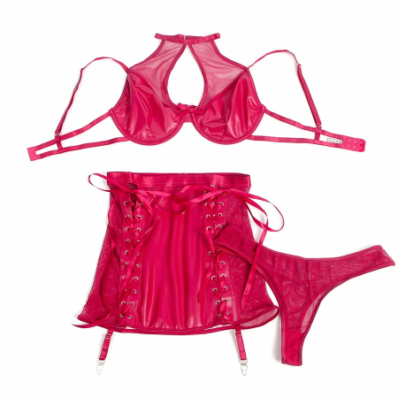SUBBLIME Leather Look Bra and Skirt Set Red L/XL - Adjustable Halter Design
