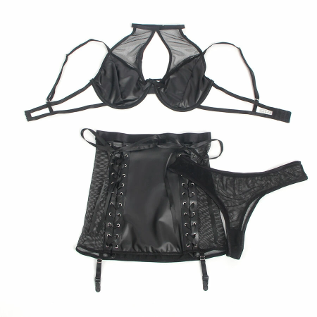 SUBBLIME Leather Bra & Skirt Set Black L/XL - Adjustable Halter Design