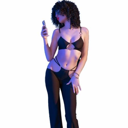 Chilirose CR 4851 Black Top & Leggings Set with Gold Accents Size S