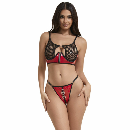 SUBBLIME 955533 Red Shiny Faux Leather & Mesh Bra Set S/M