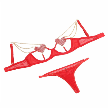 SUBBLIME Bra Set with Decorative Chains & Mesh Heart Red L/XL